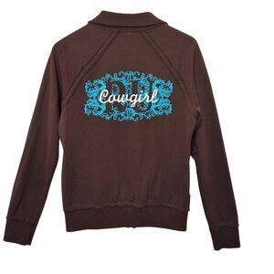 RU Cowgirl Womens XL Brown Zip-Up Jacket W/Turquoise Graphic Print‎ Western Boho